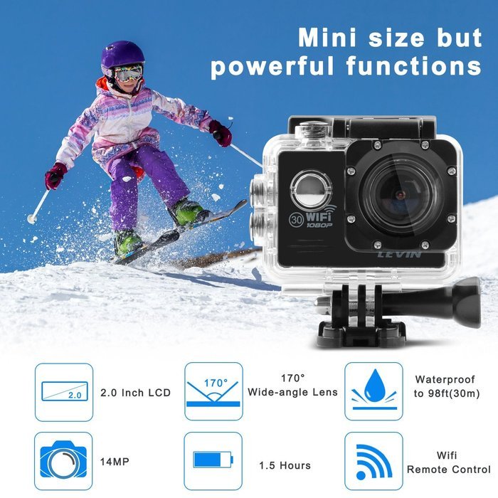 Sports Camera, Levin Action Camera 2.0 Inch 170 Degree Ultra-wide Angle Lens Full HD 1080p 14MP WiFi Remote Control... N2