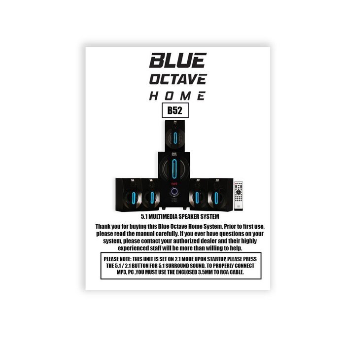 Blue Octave B52 Home Theater Powered 5.1 Bluetooth Speaker System with FM and 4 Extension Cables N7