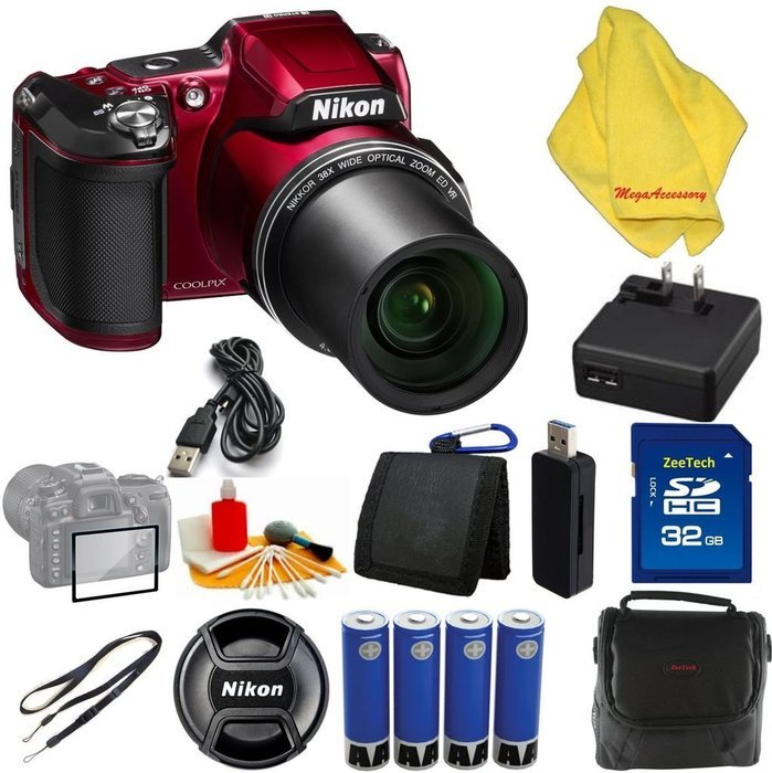 Nikon COOLPIX L840 Digital Camera with 38x Optical Zoom and Built-In Wi-Fi (Red)+ Case+32 GB Card+Reader + 6pc...