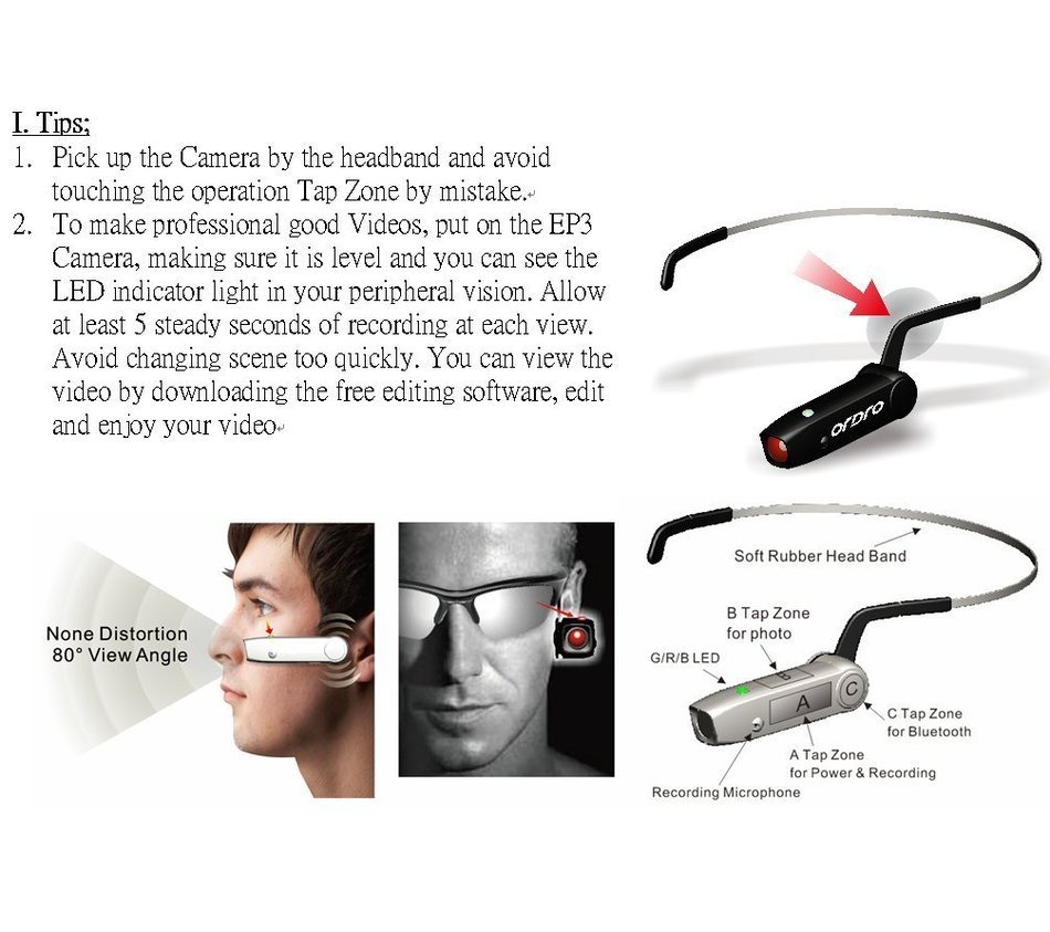 ORDRO EP3 wearable Video Camera Mini DV Sport Camera & Bluetooth Wireless Bone Conduction Headphone (White)