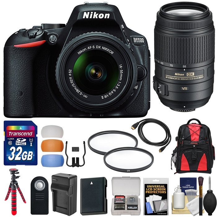Nikon D5500 Wi-Fi Digital SLR Camera & 18-55mm G VR DX II (Black) with 55-300mm VR Lens + 32GB Card + Backpack...