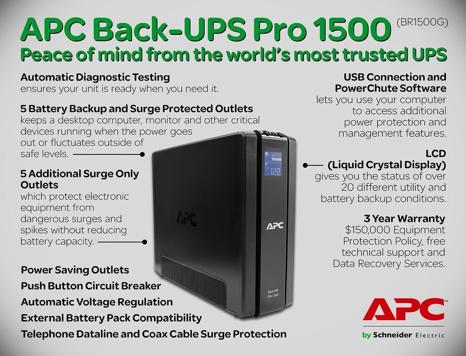 APC UPS Battery Back Up (BR1000G) - Back-UPS Pro 1000VA 8-outlet Uninterruptible Power Supply with Surge Protection N13