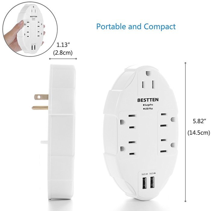 Bestten Wall Outlet Surge Protector with USB Charging, 5 AC Outlets & 2 USB Ports, ETL Certified N8