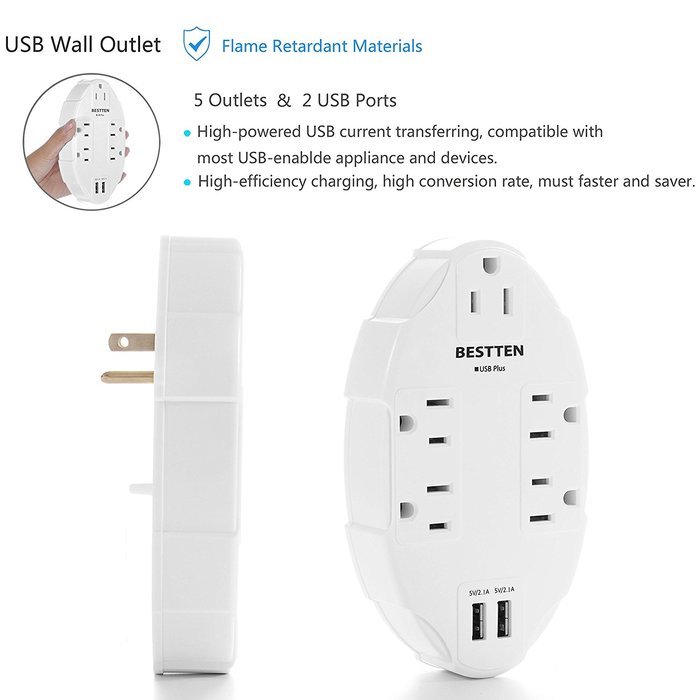 Bestten Wall Outlet Surge Protector with USB Charging, 5 AC Outlets & 2 USB Ports, ETL Certified N9