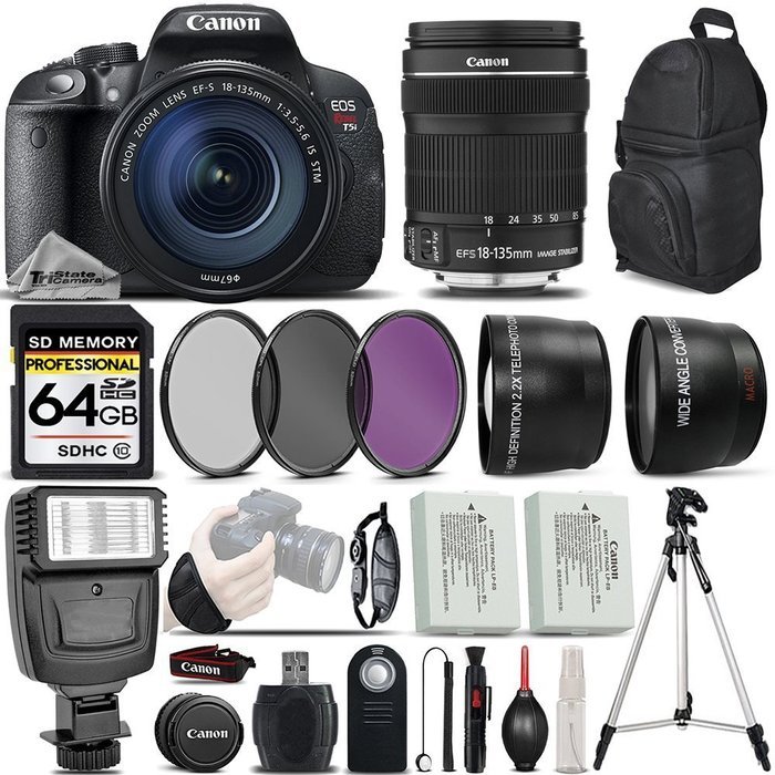 Canon EOS Rebel T5i DSLR Full HD 1080p Camera + Canon 18-135mm IS STM Lens + Digital Camera Flash + 0.43x Wide...