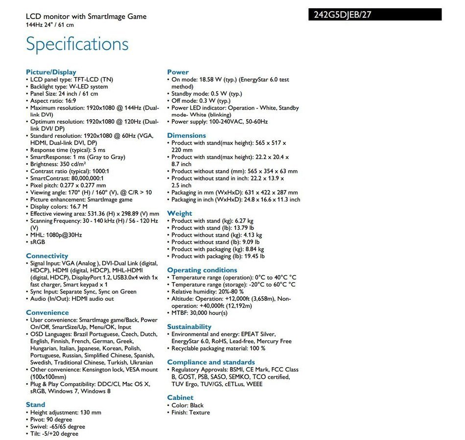 Philips 242G5DJEB 144hz, 1ms Extreme Performance 24-Inch Professional Gaming Monitor N12