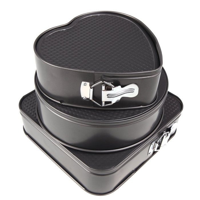 Set of Three Springform Pans Cake Bake Mould Mold Bakeware with Removable Bottom Round Heart Square Shape Versatile... N3