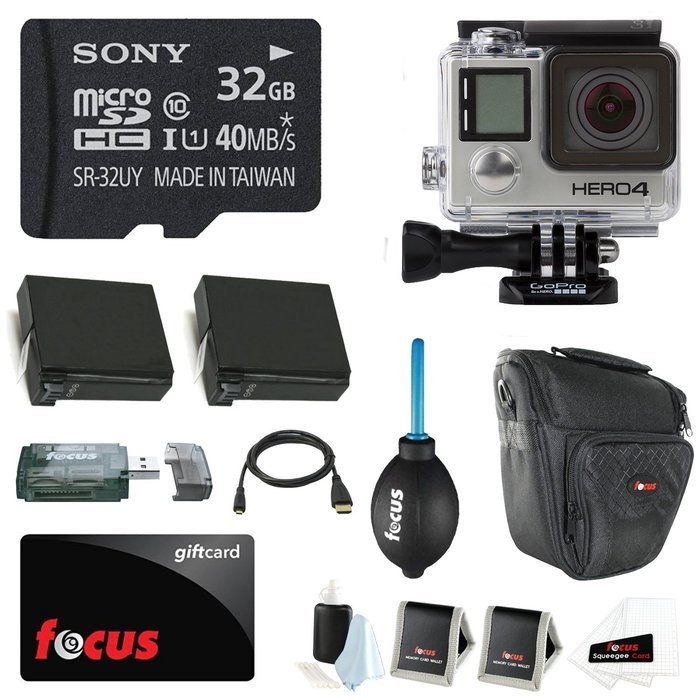 GoPro HERO4 SILVER Edition (Waterproof Housing) Sony 32GB micro SD Class 10 + Multi Card Reader + Micro HDMI Cable...