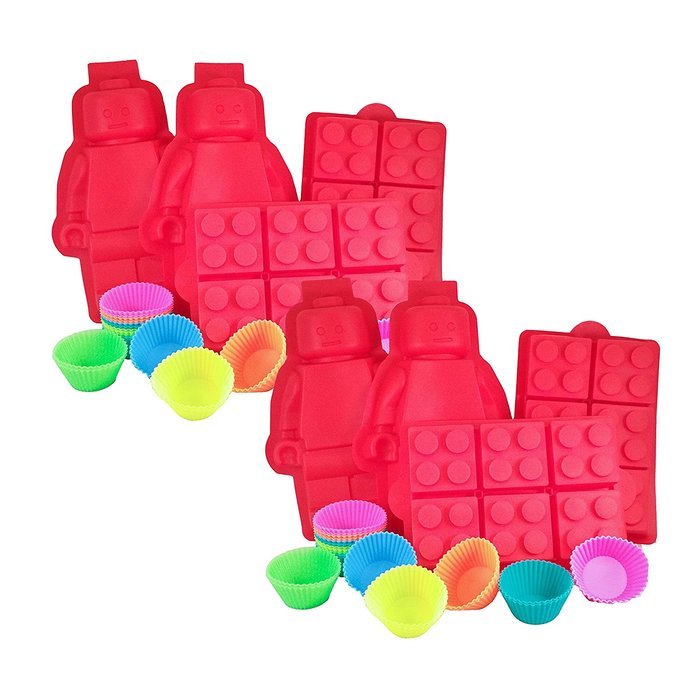 Large Silicone Minifigure + Brick Ice Cube Tray, Jello, Gummy Candy & Cupcake Baking Mold for Lego Lovers (2 Sets... N3
