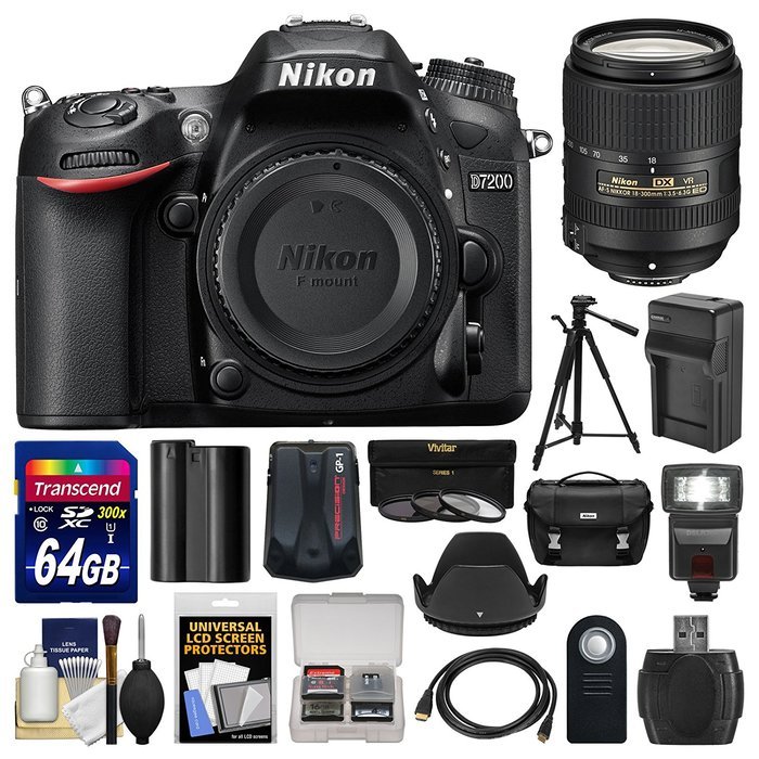 Nikon D7200 Wi-Fi Digital SLR Camera Body with 18-300mm VR Lens + 64GB Card + Case + Flash + Battery/Charger +... N7