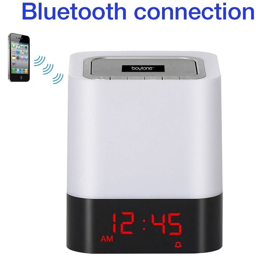 Boytone BT-83CR Portable FM Radio Alarm Clock Wireless Bluetooth 4.1 Speaker, 3-Way Night Light Touch Lamp, Built&ndash;in...