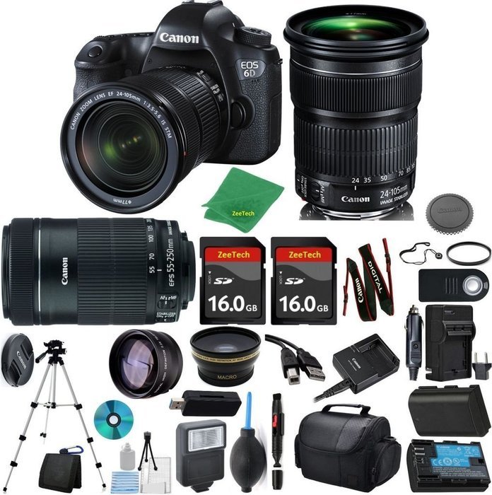 Canon EOS 6D Camera + 24-105mm STM + 55-250mm STM + 2pcs 16GB Memory + Case + Reader + Tripod + ZeeTech Starter...