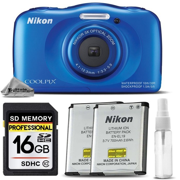 Nikon COOLPIX S33 Digital Waterproof & Freezeproof Full HD 1080p Camera (Blue) + 16GB Class 10 Memory Card + Backup...