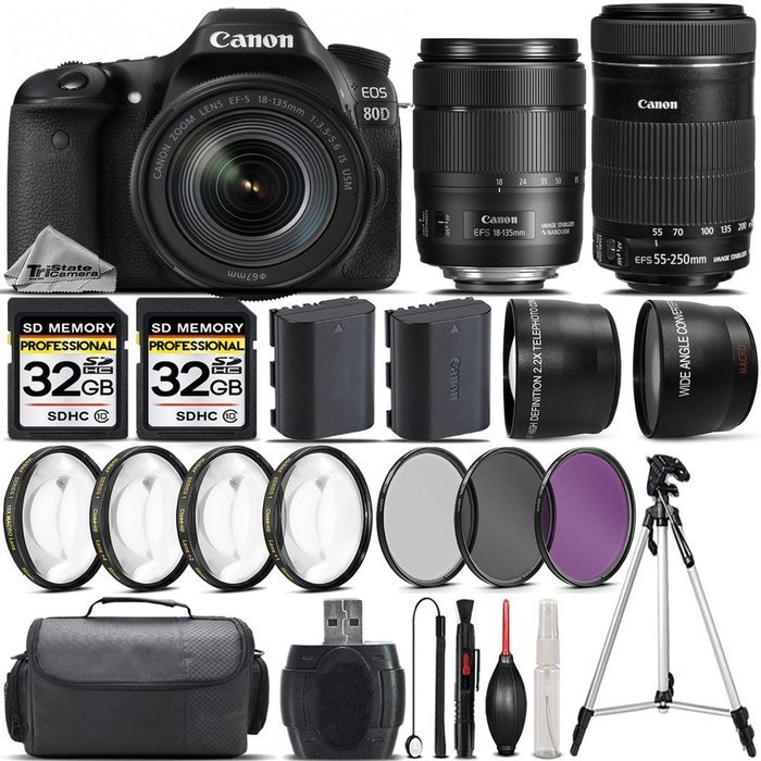 Canon EOS 80D DSLR Camera + Canon 18-135mm IS USM Lens + Canon 55-250mm IS STM Lens + 0.43X Wide Angle Lens +... N3