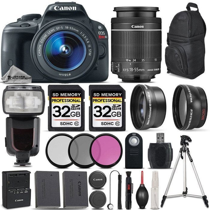 Canon EOS Rebel SL1 SLR Camera + Canon EF-S 18-55mm IS STM Lens + Professional Flash + 0.43X Wide Angle Lens +... N4