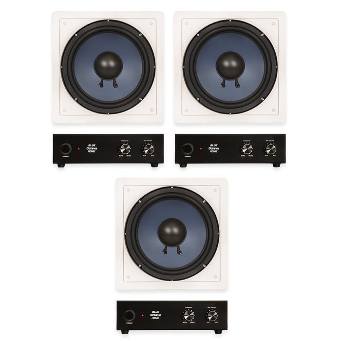Blue Octave RW10 In Wall 10" Passive Subwoofer Speakers Home Theater 3 Sub and 3 Amp Set N4