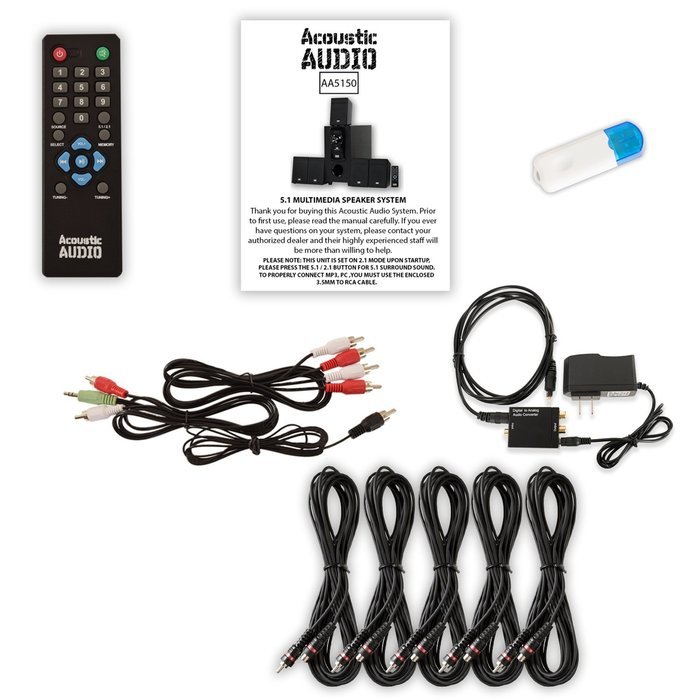 Acoustic Audio AA5150 Home 5.1 Speaker System with USB Bluetooth Optical Input FM and 5 Ext. Cables