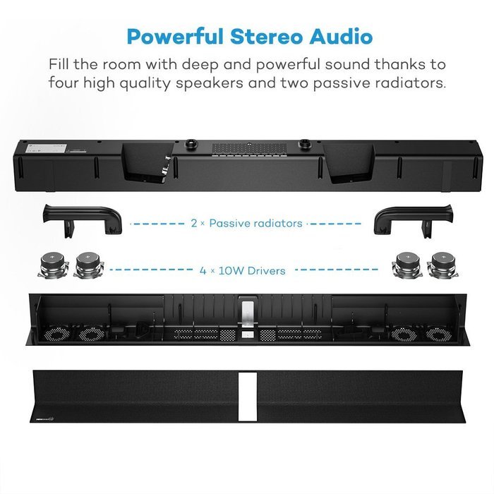 TaoTronics TT-SK15 Sound Bar Wired and Wireless Bluetooth Audio with 2.0 Channel, 40 Watt Speaker, 2 Passive Radiators...