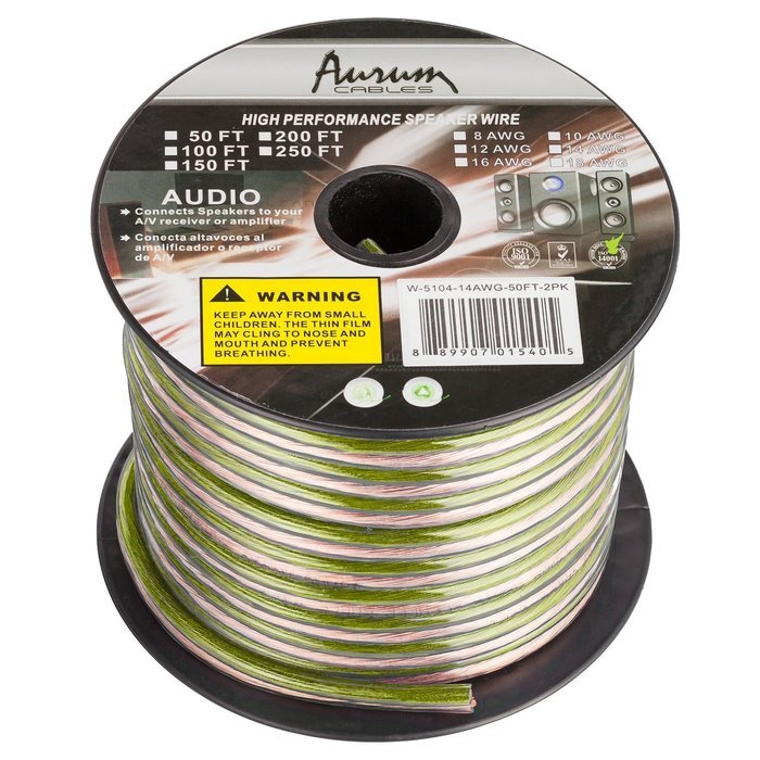 Aurum Cables 12 Gauge Dual Color Transparent PVC Speaker Zip Wire l Green and Regular Transparent I w/ ft markings... N8