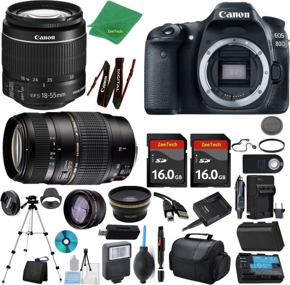 Canon EOS 80D Camera + 18-55mm IS STM + Tamron 70-300mm AF + 2pcs 16GB Memory + Case + Reader + Tripod + ZeeTech...