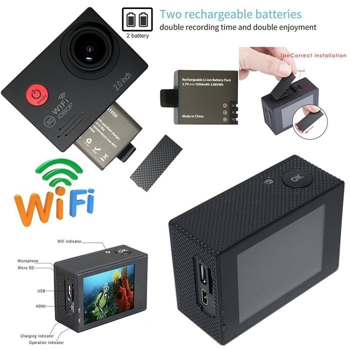 TEKCAM TC7000 2.0inch 14MP HD Waterproof Wifi Action Camera with 2 Batteries and Free Accessories (Black) N7