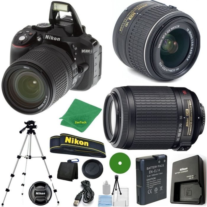 Nikon D5300 - International Version (No Warranty), 18-55mm f/3.5-5.6 DX VR, Nikon 55-200mm f4-5.6G VR, Tripod,...