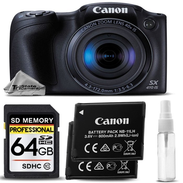 Canon PowerShot SX410 IS Digital Camera 40x Optical Zoom Lens (Black) + Backup Battery + 64GB Class 10 Memory...