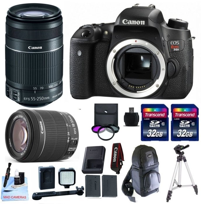 Canon EOS T6s + Canon EF-S 55-250mm IS STM + Canon 18-55mm IS STM + 2 32GB Transcend SD Memory Cards + LED Video...