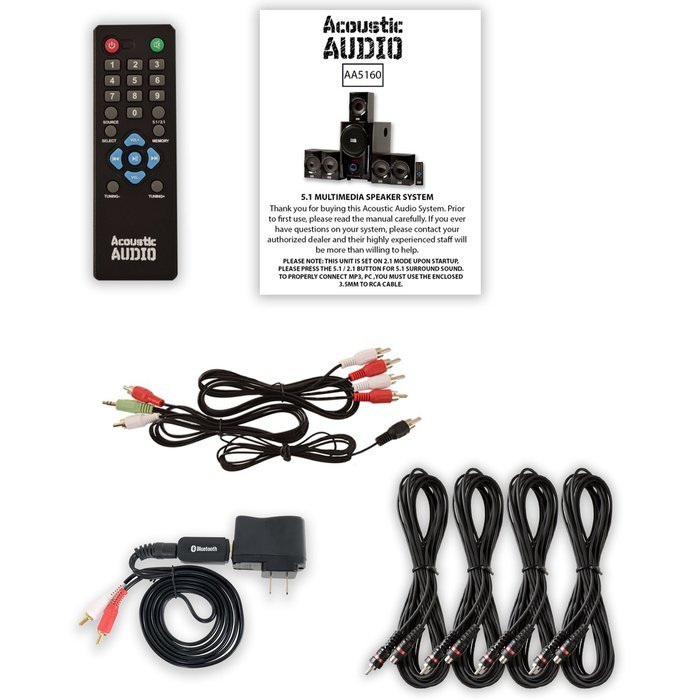 Acoustic Audio AA5160 Home Theater 5.1 Speaker System with Bluetooth FM Tuner and 4 Extension Cables