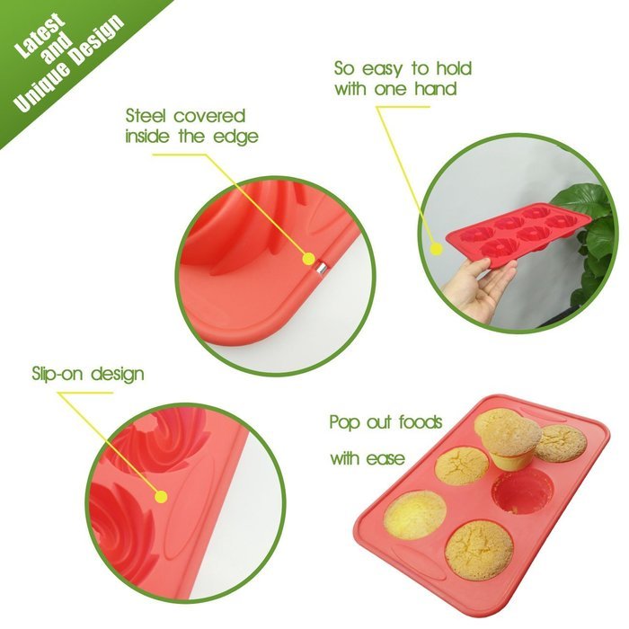 Cupcake Pan, Silicone Cake Mold with Steel Edge 4 Packs 24 Cups Silivo Muffin Mold Round, Heart, Spiral, Flower... N4