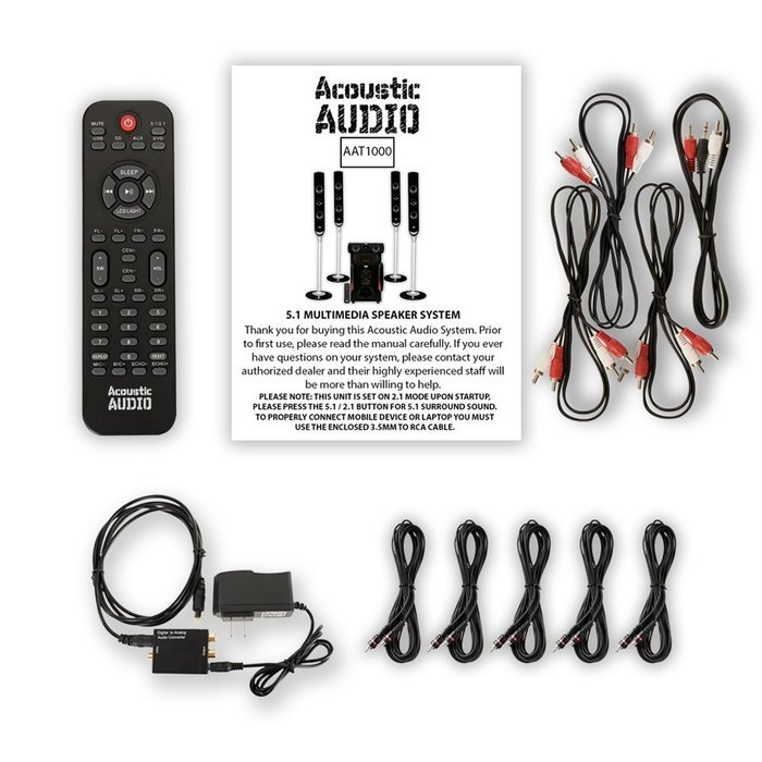 Acoustic Audio AAT1000 Tower 5.1 Speaker System with Optical Input and 5 Extension Cables
