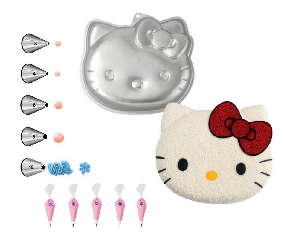 Wilton Hello Kitty Shaped Cake Pan Bundle of 11 Items: Hello Kitty Cake Pan, Decorating Tips and Decorating Bags N2