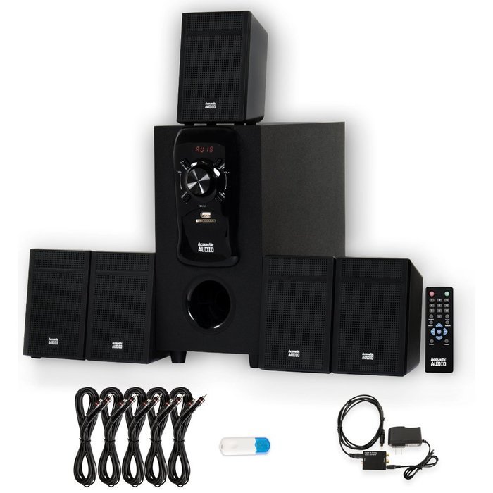 Acoustic Audio AA5150 Home 5.1 Speaker System with USB Bluetooth Optical Input FM and 5 Ext. Cables N2