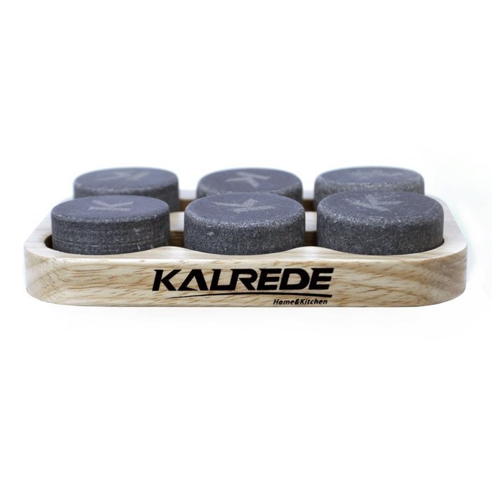 KALREDE Whiskey Stones Set of 6 Circular Drink Rocks for Chilling Wine or Any Other Beverages with a Wooden Tray... N2