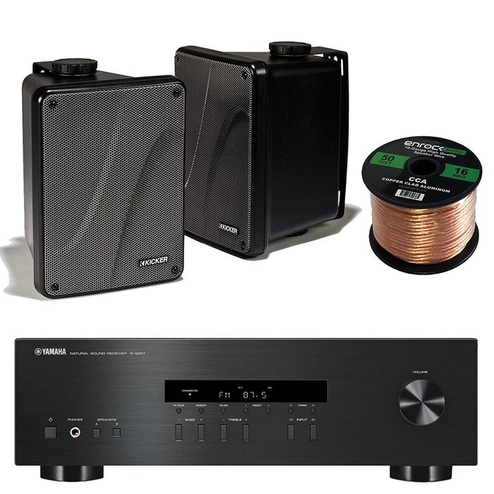 Yamaha R-S201BL 2-Channel 200-Watt Home Audio AM/FM Radio Stereo Receiver Amplifier Bundle Combo With 4x Kicker... N3