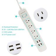 ISELECTOR 4-Outlet Surge Protector with 4 USB Output Power Strip Charging Station - 5 Feet Cord N7