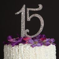 15 Cake Topper 15th Birthday Anniversary Quincea&ntilde;era Rhinestone Number Decoration (Silver) N9