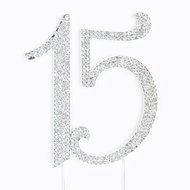 15 Cake Topper 15th Birthday Anniversary Quincea&ntilde;era Rhinestone Number Decoration (Silver) N11