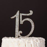 15 Cake Topper 15th Birthday Anniversary Quincea&ntilde;era Rhinestone Number Decoration (Silver) N17