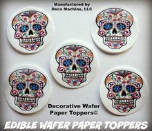 24 HALLOWEEN DIA DE LOS MUERTOS DAY OF THE DEAD COLORFUL SKULL PRECUT EDIBLE CAKE TOPPERS 1.5&quot; SMALL Dozen Set...