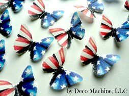 24 Red White &amp; Blue American Flag Print Mini Decorative Wafer Paper Butterflies&copy; 1&quot; Pre Cut Cake Decorations Fourth... N3