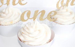 Personalized First Birthday "One" Cupcake Toppers - Set of 12 (customizable, gold cute party supplies, birthday...