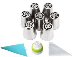 19pcs/set Russian Piping Tips:7 Russian Tips +1 Tri-color Coupler +1 Reusable Silicone bag +10 Disposable Pastry... N7