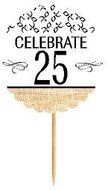 25th Birthday / Anniversary Novelty Burlap Cupcake Decoration Picks -12pack