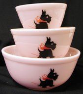 Pink Milk Glass Mixing Nest Bowls W/red Bow Scottie Dogs - Set of 3