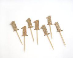 Set of 10 - Gold Glitter Number 1 One Year Old Cupcake Cake Picks, Baby First Birthday Cake Topper, Metallic Gold... N2