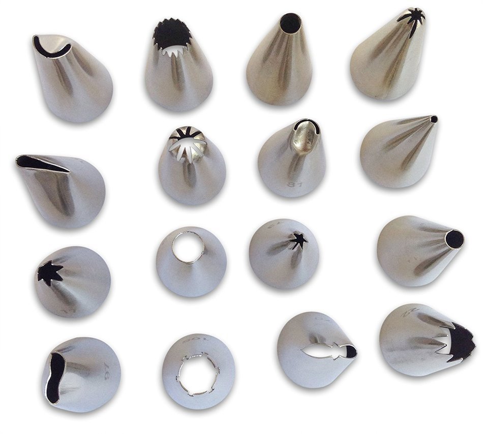 17 Piece Cake & Cupcake Decorating Tips Kit Stainless Steel Icing Nozzles & Set Of 16in Disposable Piping Bags...