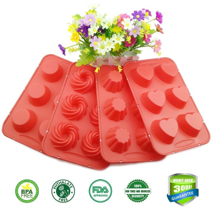 Cupcake Pan, Silicone Cake Mold with Steel Edge 4 Packs 24 Cups Silivo Muffin Mold Round, Heart, Spiral, Flower... N6
