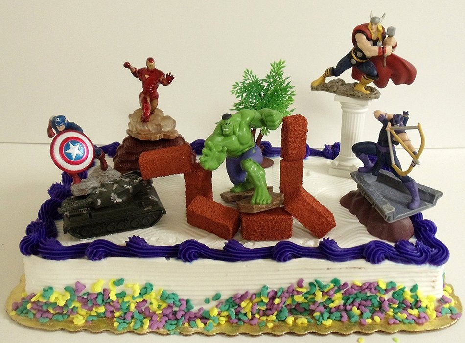 Avengers 15 Piece Birthday Cake Topper Set Featuring Captain America, Iron Man, Incredible Hulk, Hawkeye, Thor... N5