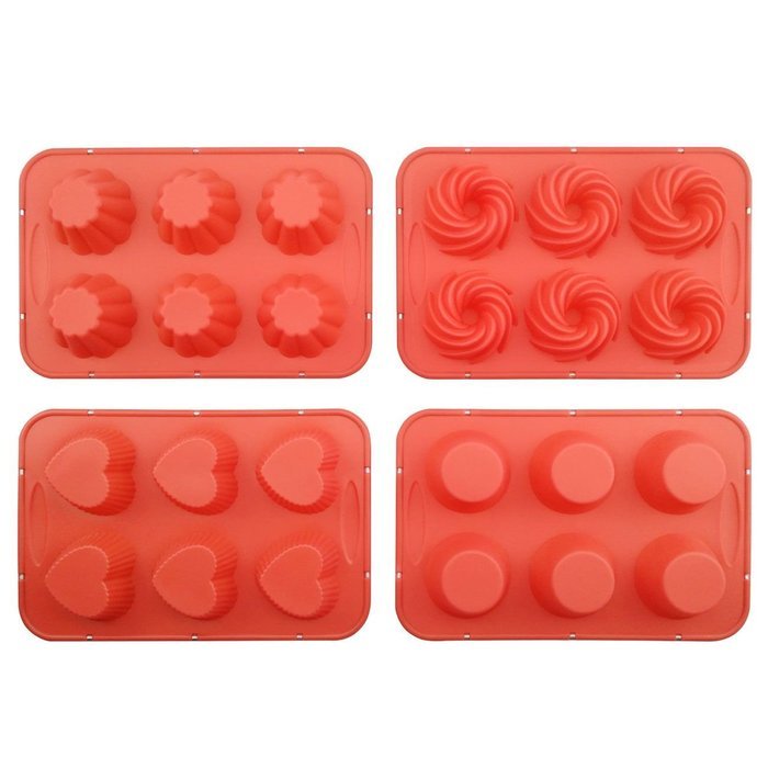 Cupcake Pan, Silicone Cake Mold with Steel Edge 4 Packs 24 Cups Silivo Muffin Mold Round, Heart, Spiral, Flower... N7